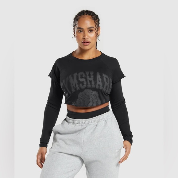 🆕 Gymshark Lifting 2-in-1 Long Sleeve Crop Top in Black Size XL - Picture 1 of 7